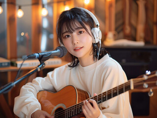 ヘッドホンをしながらギターを弾くアジア人女性のポートレート.