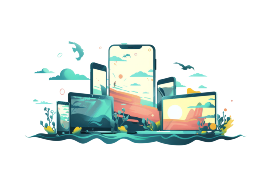 A wave of technological devices, such as smartphones and laptops, washing over a natural landscape.