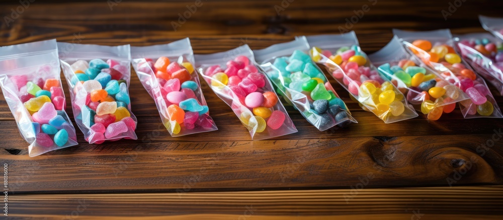 Poster colorful sweets in paper sachets on a wooden backdrop with copy space image.
