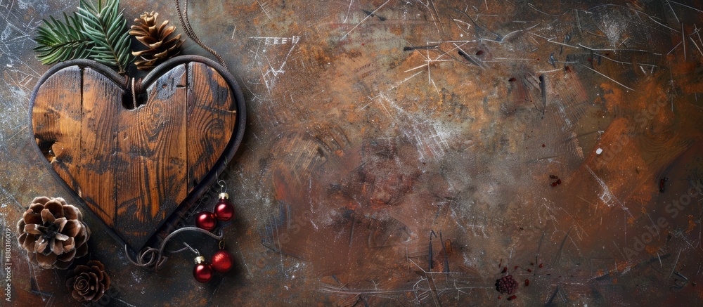 Aufkleber A rustic wooden and metal Christmas heart displayed on a weathered brown background, ideal for holiday decorating with space for adding text or images.