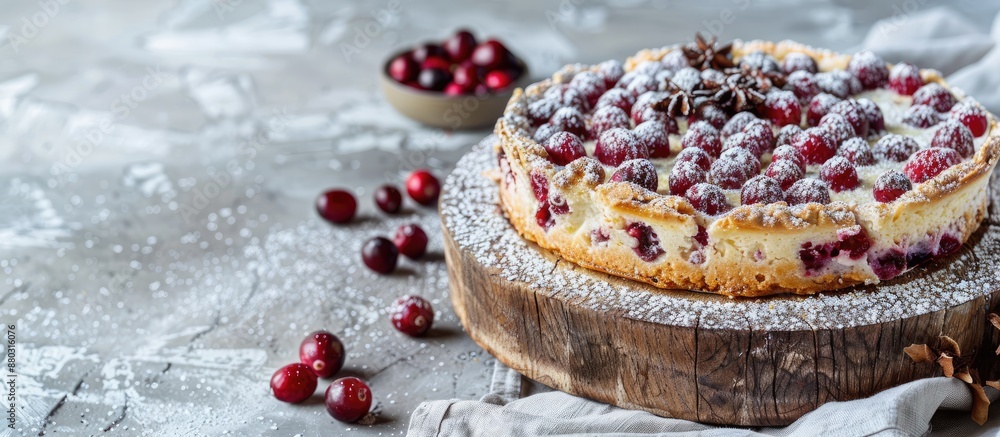 Poster a cottage cheese pie casserole topped with cranberries and spices, dusted in powdered sugar, display