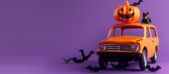 Fototapeta premium Halloween-themed toy car featuring a pumpkin atop it, with bats on a purple backdrop, suitable for adding text in the copy space image.