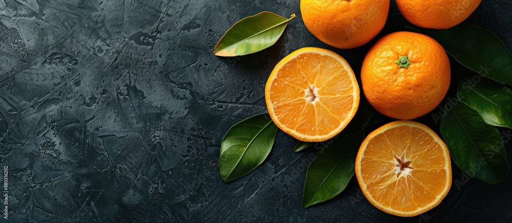 Poster Top view of fresh, ripe oranges on a dark background with copy space image.