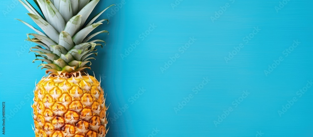 Poster An overhead view of a ripe pineapple against a blue dotted background with copy space image.