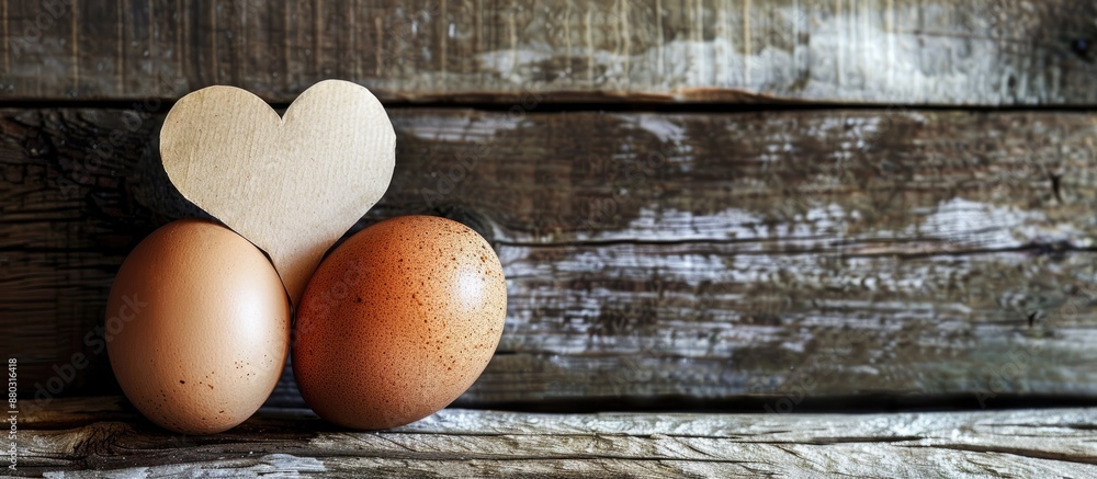 Poster Wooden textured background featuring two eggs accompanied by a paper heart with copy space image.