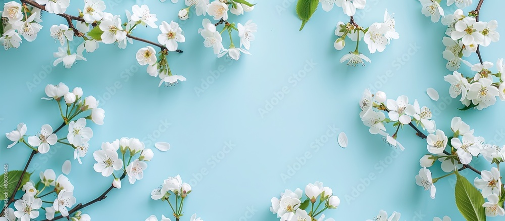 Aufkleber Bird cherry's white blossoms against a blue backdrop create a floral abstract in a flat lay composition with copy space image.