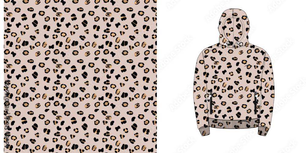 Poster leopard print and hoodie mockup: a captivating display of a seamless leopard print pattern alongside