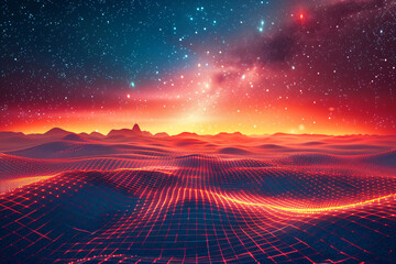 Laser grid landscape stretching into infinity under a starry sky, colors shifting from deep blue to vibrant orange