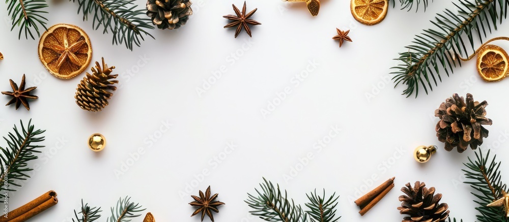 Poster flat lay top view of a christmas frame adorned with gold decorations like pine cones, star anise, an