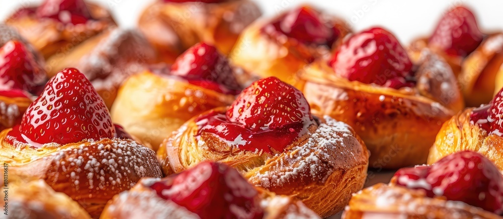 Poster Strawberry bread rolls arranged in a heap with a white backdrop providing space for images.