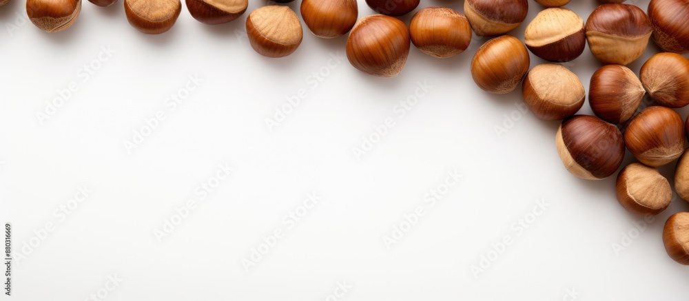 Poster Top view of hazelnuts creatively arranged on a white background with copy space image, representing a concept of healthy nutrition, nuts, and healthy fats.