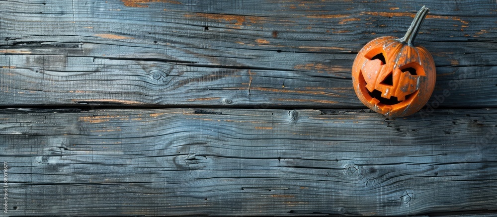 Poster Wooden background displaying a pumpkin head with a suitable area for additional image or text.