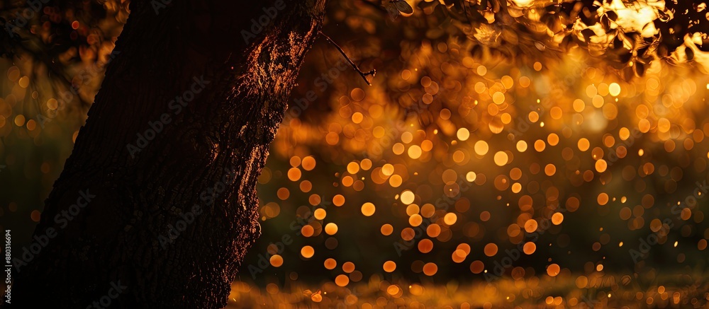 Poster beneath the tree's shadow lies a natural orange bokeh background with copy space image.
