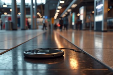 An individual using a mobile phone while walking on a wet pavement, Advanced wireless charging infrastructure in public places, AI generated