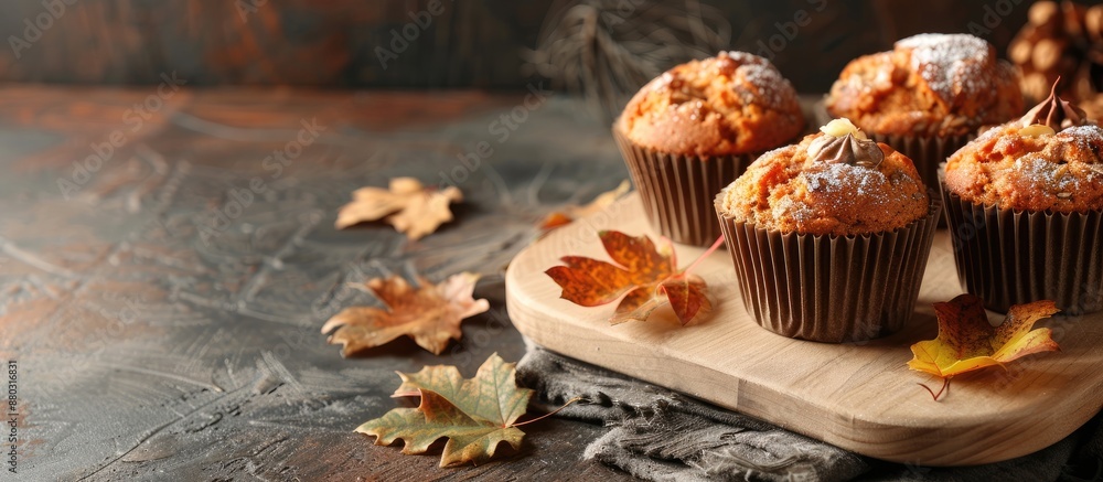 Poster autumn-themed bakery image featuring homemade muffins with simmered sweet potato dough and rustic pr
