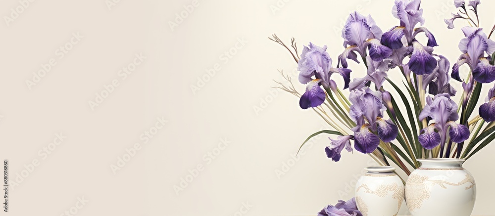 Poster Festive greeting card displaying copy space image for various occasions featuring a vase with violet irises xiphium.