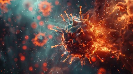 Microscopic View of Virus with Red and Blue Particles