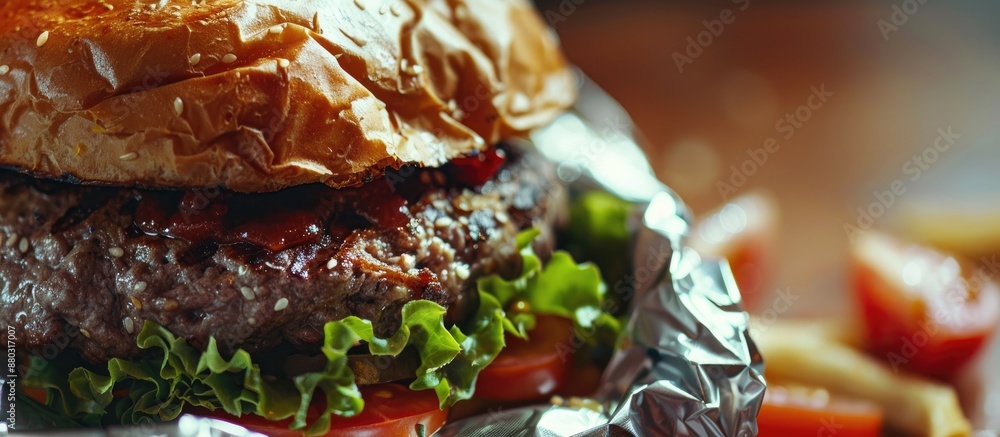 Poster Macro shot of a large beef burger in foil packaging with copy space image.