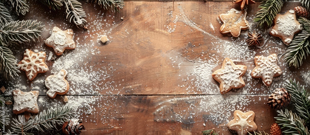 Poster festive christmas backdrop featuring fir branches, cookies dusted with powdered sugar on a wooden su