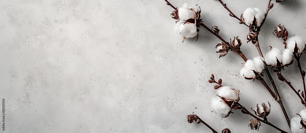 Poster a cotton flower branch is elegantly arranged in the corner of a pastel grey cement wall background, 
