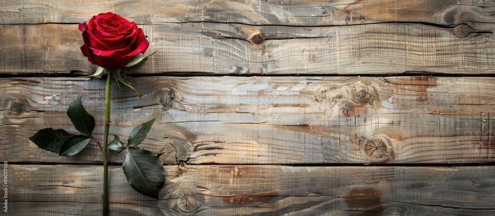 Poster Valentine's Day-themed background with a solitary red rose placed on a wooden surface, creating an aesthetically pleasing composition with ample copy space image.