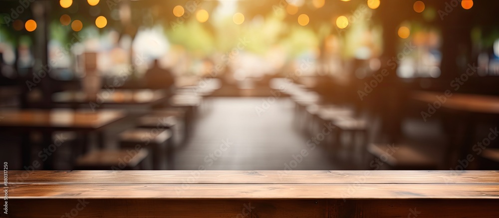Poster brown wooden table with empty space setting, blurred coffee shop background, ideal for product displ