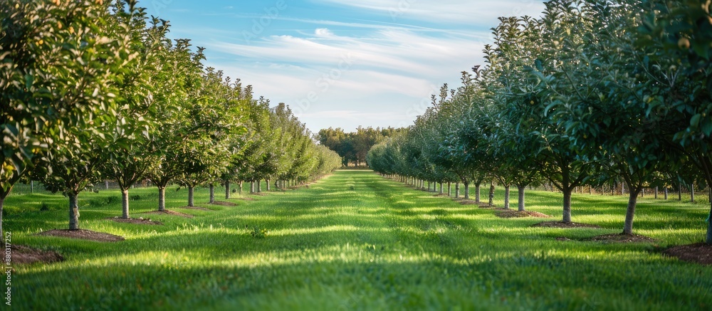 Poster apple trees aligned in rows at a rural pennsylvania orchard, with a clear sky providing ample copy s