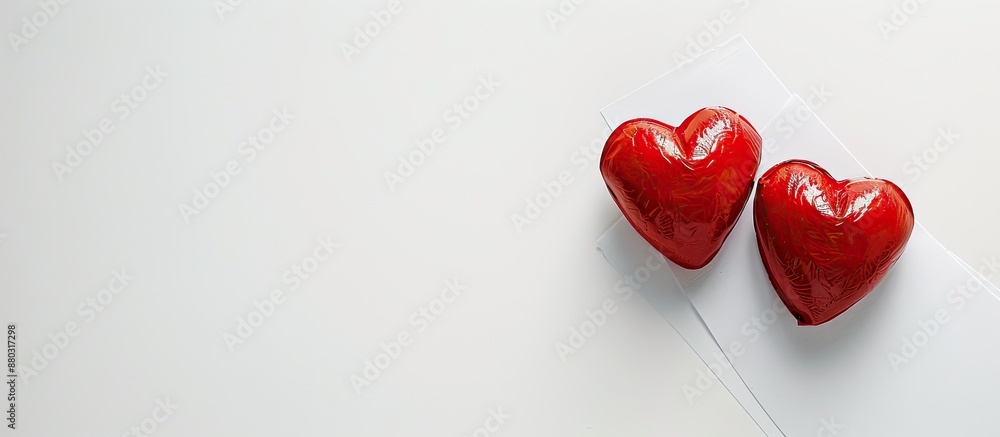 Poster a backdrop featuring two red hearts on white paper with ample copy space image.