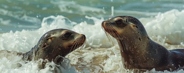 Fototapeta premium Playful sea lions frolicking in the surf, 4K hyperrealistic photo