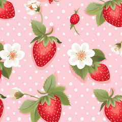 Seamless pattern with strawberries and flowers on pink background