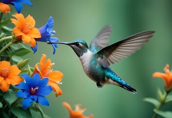 Fototapeta premium A beautiful, delicate, small bird flying near flowers on a light, pastel background