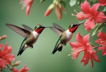 Naklejka premium A beautiful, delicate, small bird flying near flowers on a light, pastel background
