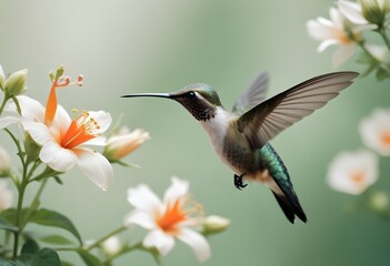 Fototapeta premium A beautiful, delicate, small bird flying near flowers on a light, pastel background