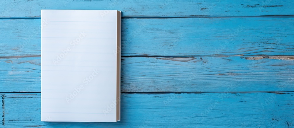 Aufkleber looking down on a blue wooden surface, a man's hand holds a blank booklet, creating a minimalist com
