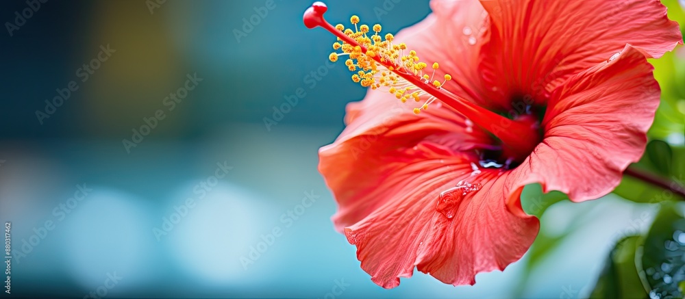 Poster selective focus on a hibiscus flower with a blurred background for a copy space image.