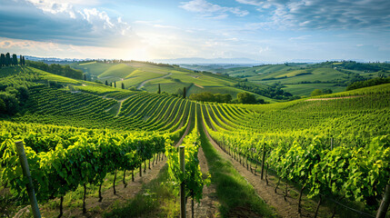 Green vineyard nestled in the countryside of Italy, with rolling hills, lush grapevines, and a clear blue sky.