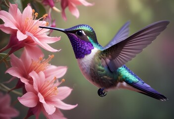 Fototapeta premium A beautiful, delicate, small bird flying near flowers on a light, pastel background