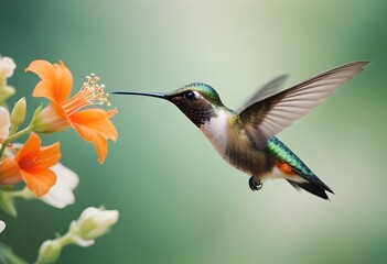 Fototapeta premium A beautiful, delicate, small bird flying near flowers on a light, pastel background