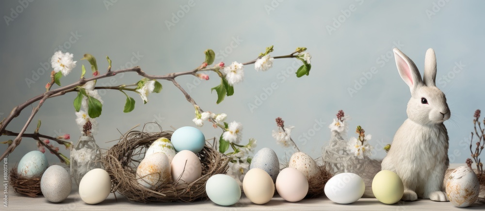Aufkleber a light background with a collection of willow branches, a bunny, and painted easter eggs, creating 