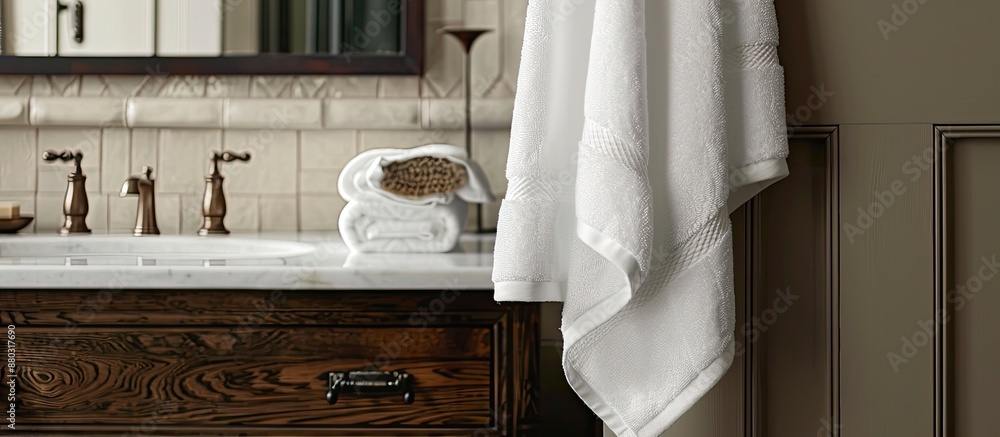 Poster a white towel hangs on the bathroom door with a blank area available for displaying an image.