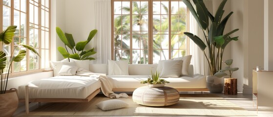 Fototapeta premium Sunlit Cozy Living Room with Natural Decor and Large Plants