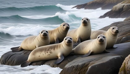 Fototapeta premium A herd of seals lying on the stones by the seashore. Macro photography of animals