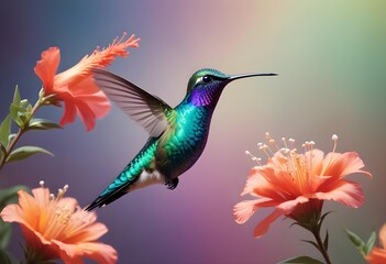Obraz premium Beautiful close-up hummingbird flying near tiny flowers on a pastel smooth background