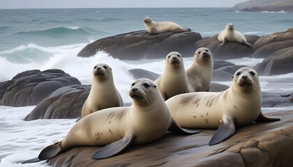 Fototapeta premium A herd of seals lying on the stones by the seashore. Macro photography of animals