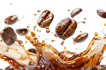 coffee splash with flying beans, capturing the energy on a white backdrop.
