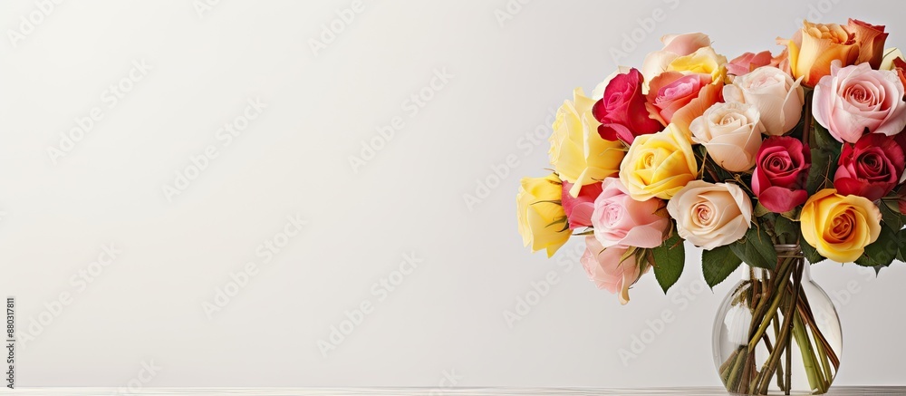Poster floral arrangement of roses in a vase on a white table with a clear background, ideal for a copy spa