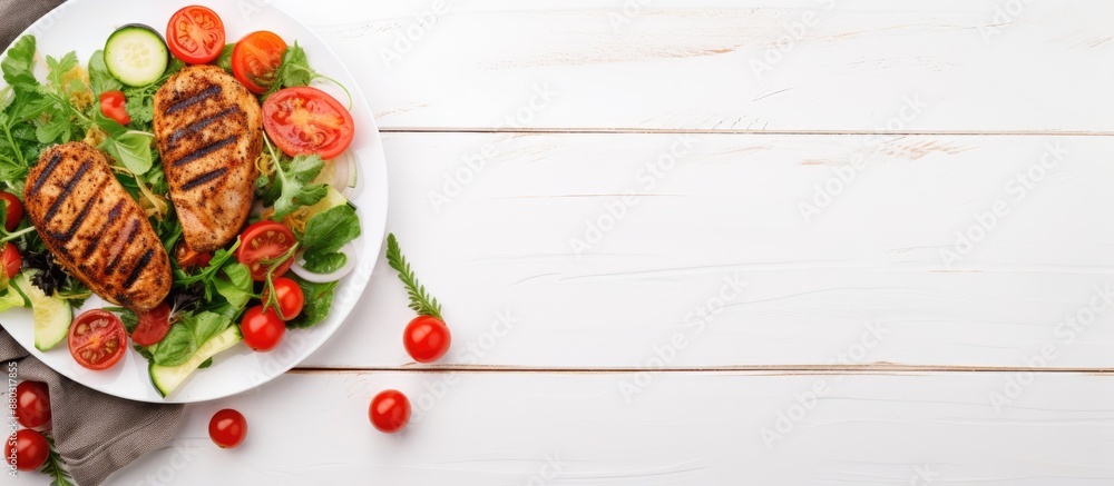 Poster A healthy lunch option displayed on a white table featuring a banner and copy space image with a salad made of roasted chicken fillet, lettuce, arugula, and tomatoes.
