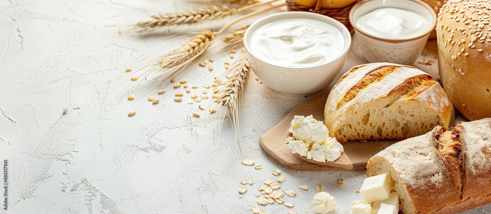 Poster Dairy products and bread displayed on a light backdrop with copy space image.