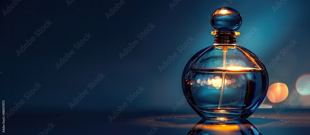 Poster a perfume bottle reflecting light in the dark with space for text or image insertion.
