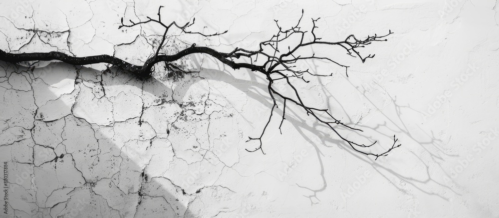 Poster monochrome tonal composition on white concrete wall texture with abstract tree branch shadows, ideal